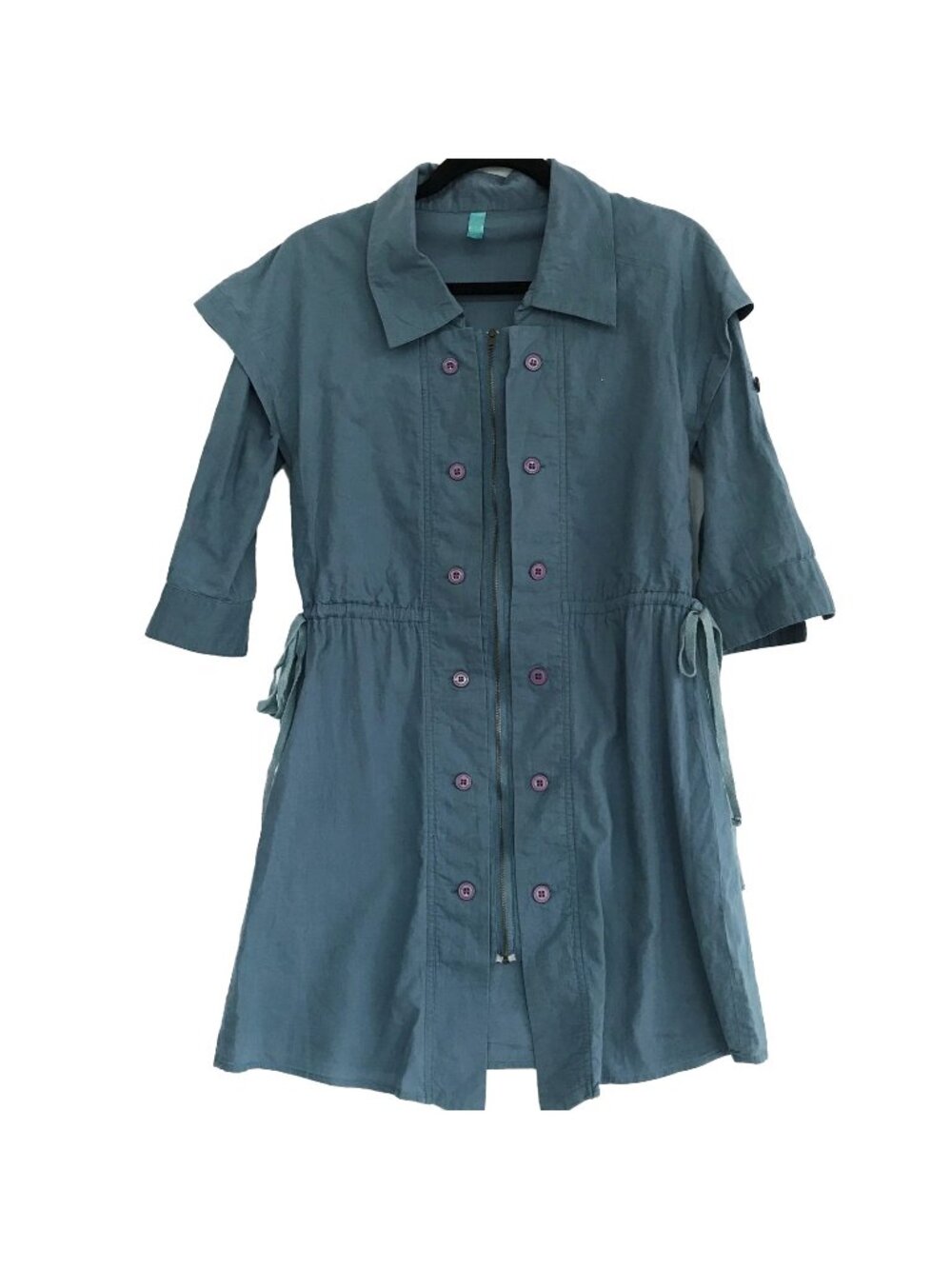 Uhma Small Steel Blue Mini Dress Cotton Collar 3/4 Tab Sleeve Full Front Zip